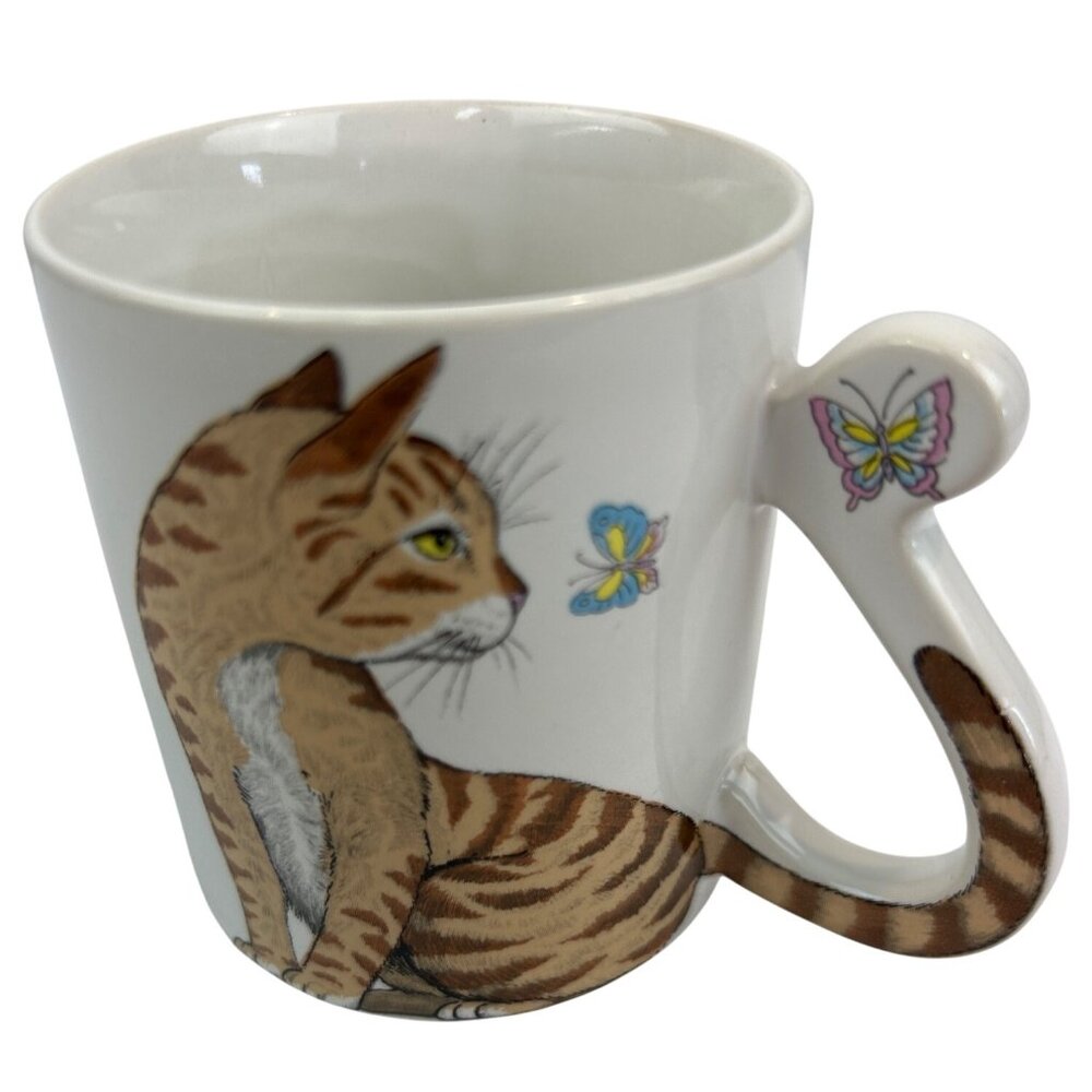 Vintage Cat Coffee Tea Mug Tail Handle Butterfly Japan Tabby Kitten - Picture 3 of 9